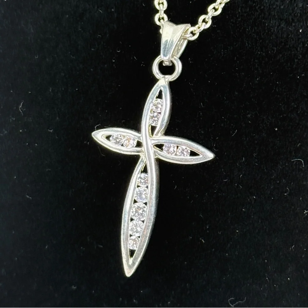 Beautiful silvertone, clear bling CZ others cross pendant costume necklace
